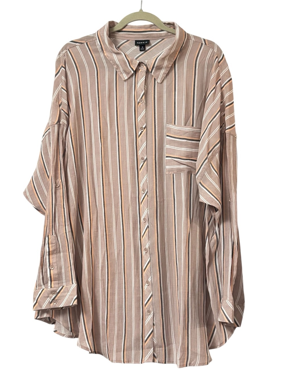 Torrid Taupe Striped Button Up Top Roll Tab Relaxed Gauzy Preppy Academia Sz 3